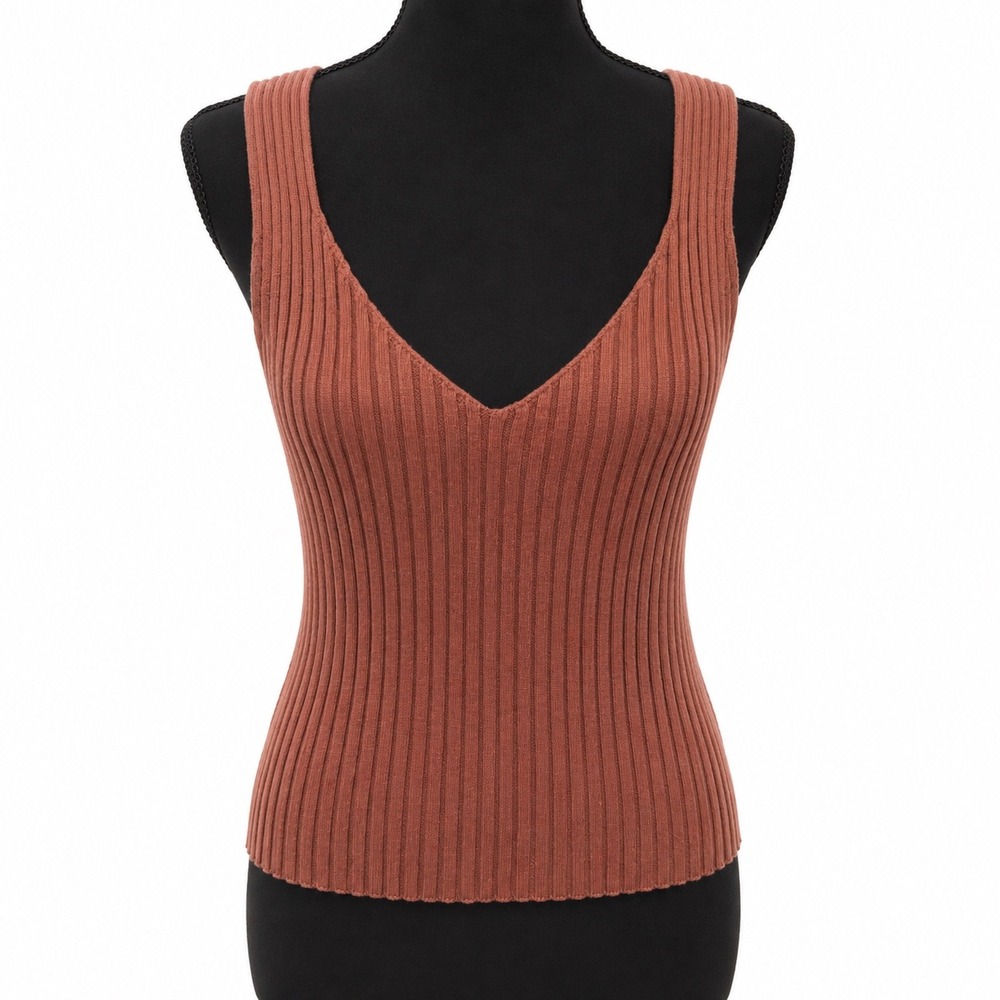 NWOT Club Monaco Ribbed Linen Blend V-Neck Tank Top Brown Ring Strap Medium - Picture 3 of 9